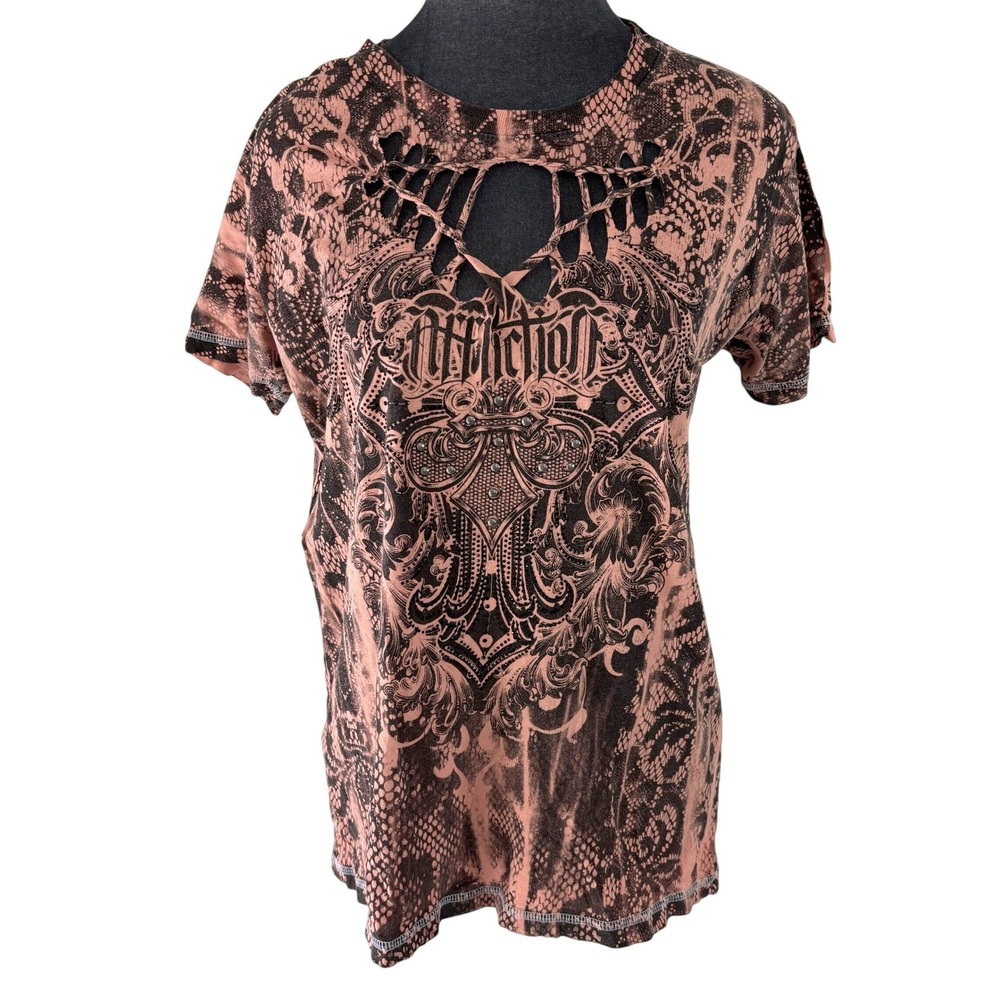 Affliction Wms Y2K Graphic Tee‎ Salmon Black Cutout Lattice Gothic Rocker L